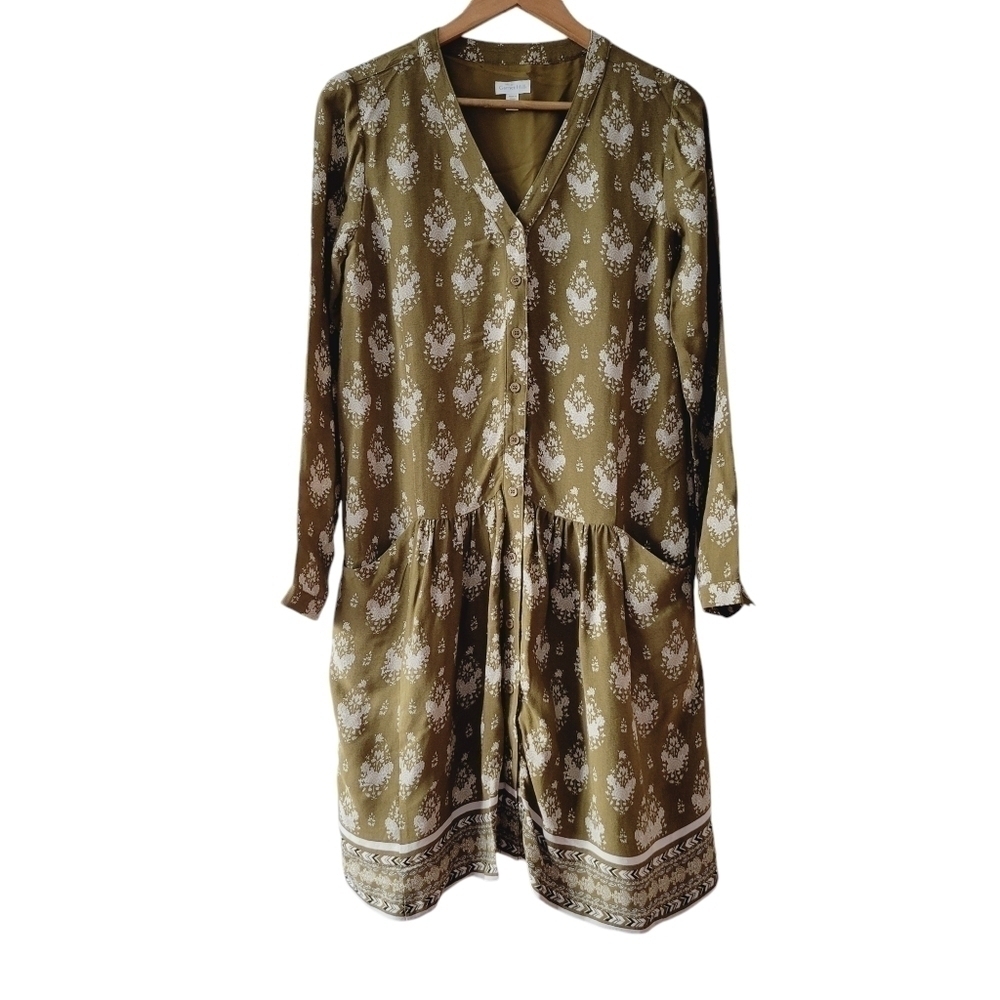 Garnet Hill Olive Green Floral Drop Waist Dress